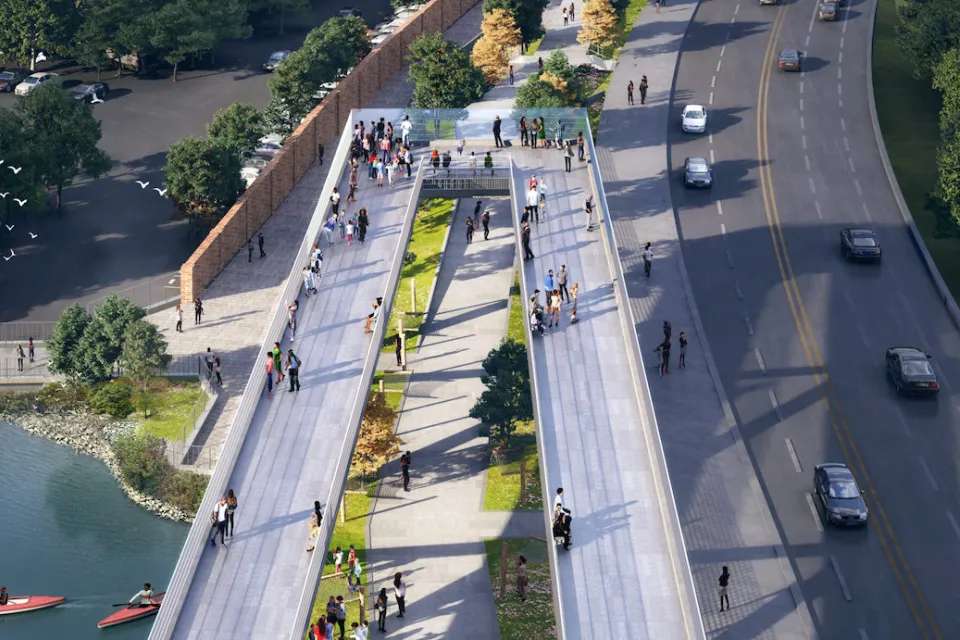 Rendering of 11th Street Bridge Park in Washington, D.C. on old bridge across Anacostia River.
